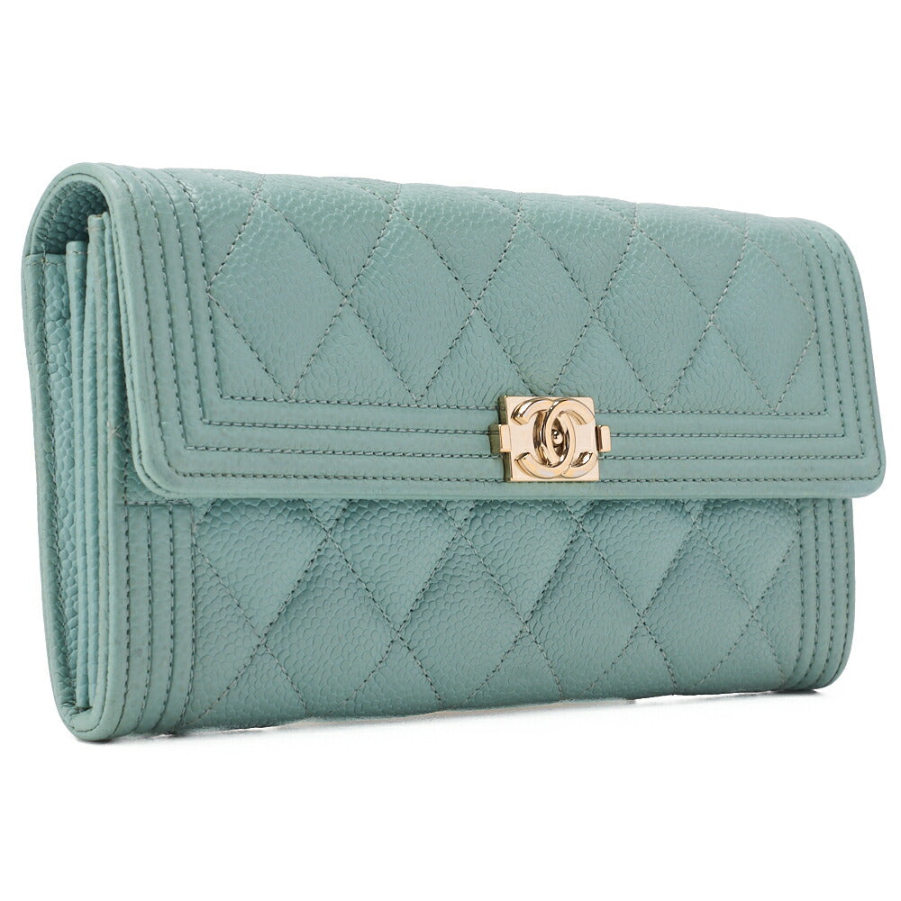 CHANEL Boy Chanel Matelasse Bi-Fold Long Wallet Caviar Skin Mint Green Gold-Tone Hardware Pre-Owned - Vintage La Charme
