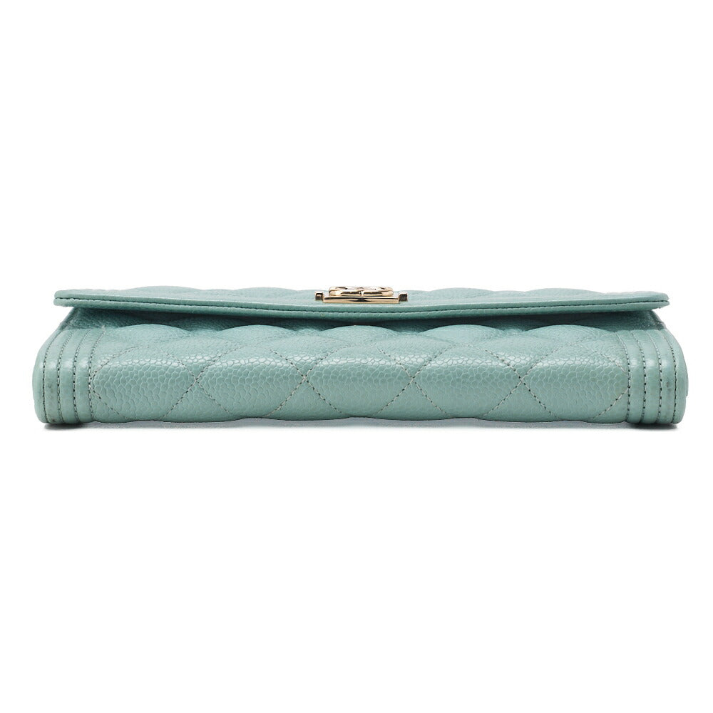 CHANEL Boy Chanel Matelasse Bi-Fold Long Wallet Caviar Skin Mint Green Gold-Tone Hardware Pre-Owned - Vintage La Charme