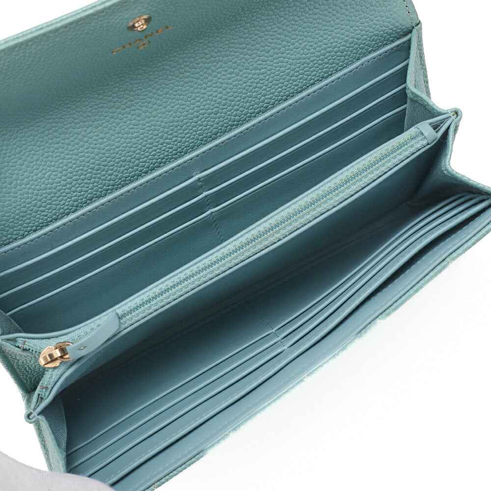 CHANEL Boy Chanel Matelasse Bi-Fold Long Wallet Caviar Skin Mint Green Gold-Tone Hardware Pre-Owned - Vintage La Charme