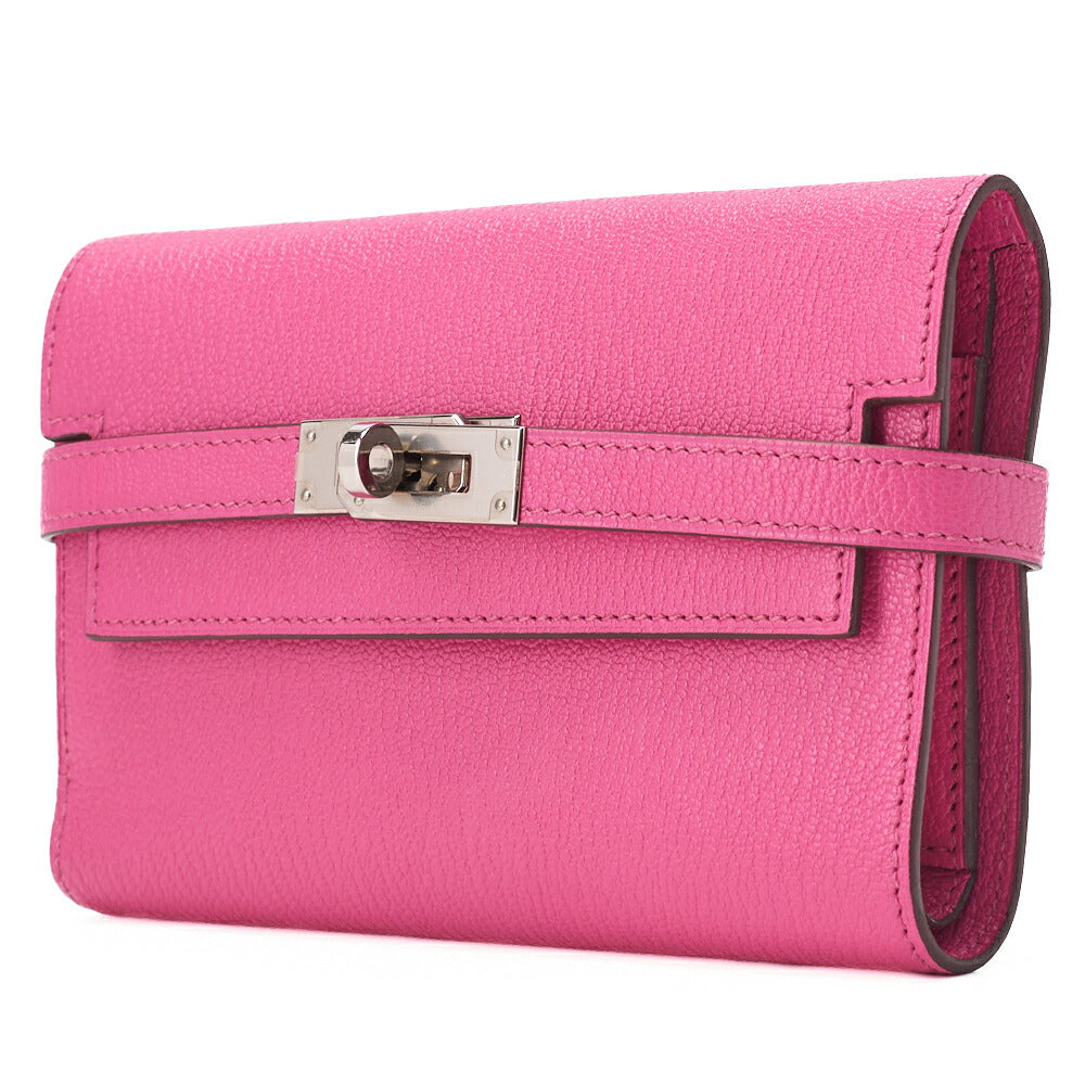 HERMES Kelly Wallet Two-Fold Long Wallet Medium Chevrum Mizol Rose Tyrien Silver-Tone Hardware Pre-Owned - Vintage La Charme
