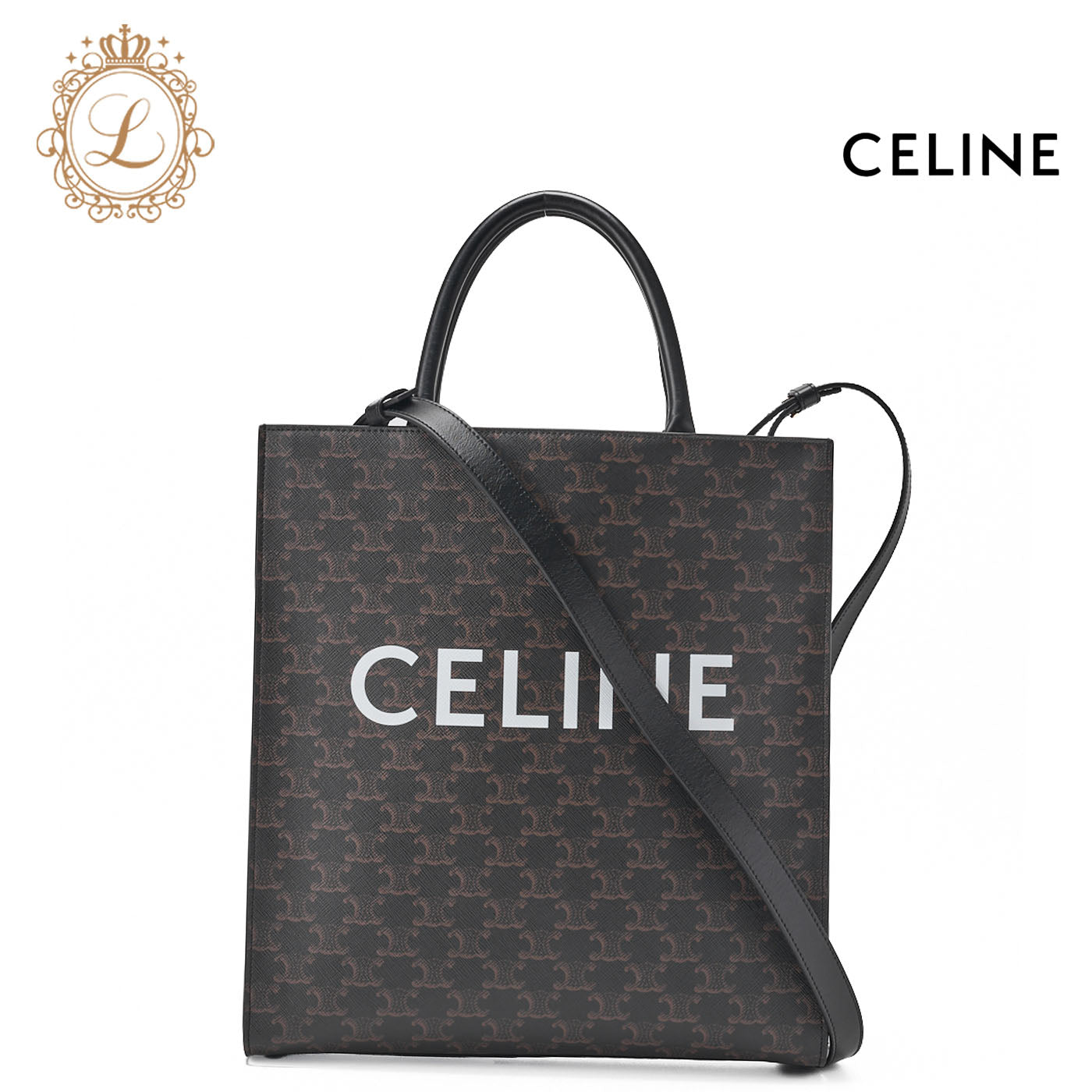 CELINE Medium Tote Bag, Triomphe Canvas, Black, Gold-Tone Hardware, Pre-Owned - Vintage La Charme