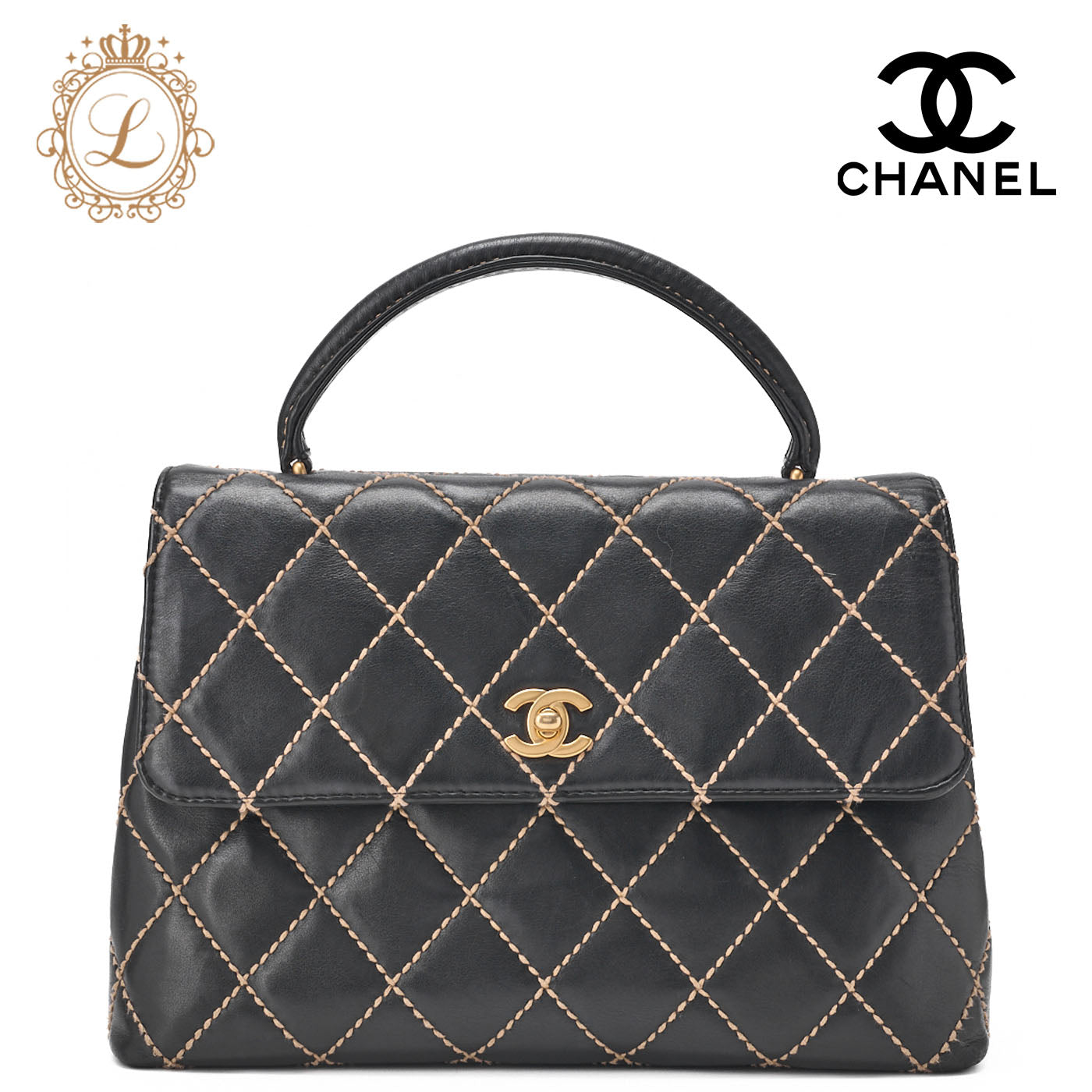 CHANEL Tote Bag, Coco Mark Wild Stitch Turn Lock, Calfskin, Black, Gold-Tone Hardware, Pre-Owned - Vintage La Charme