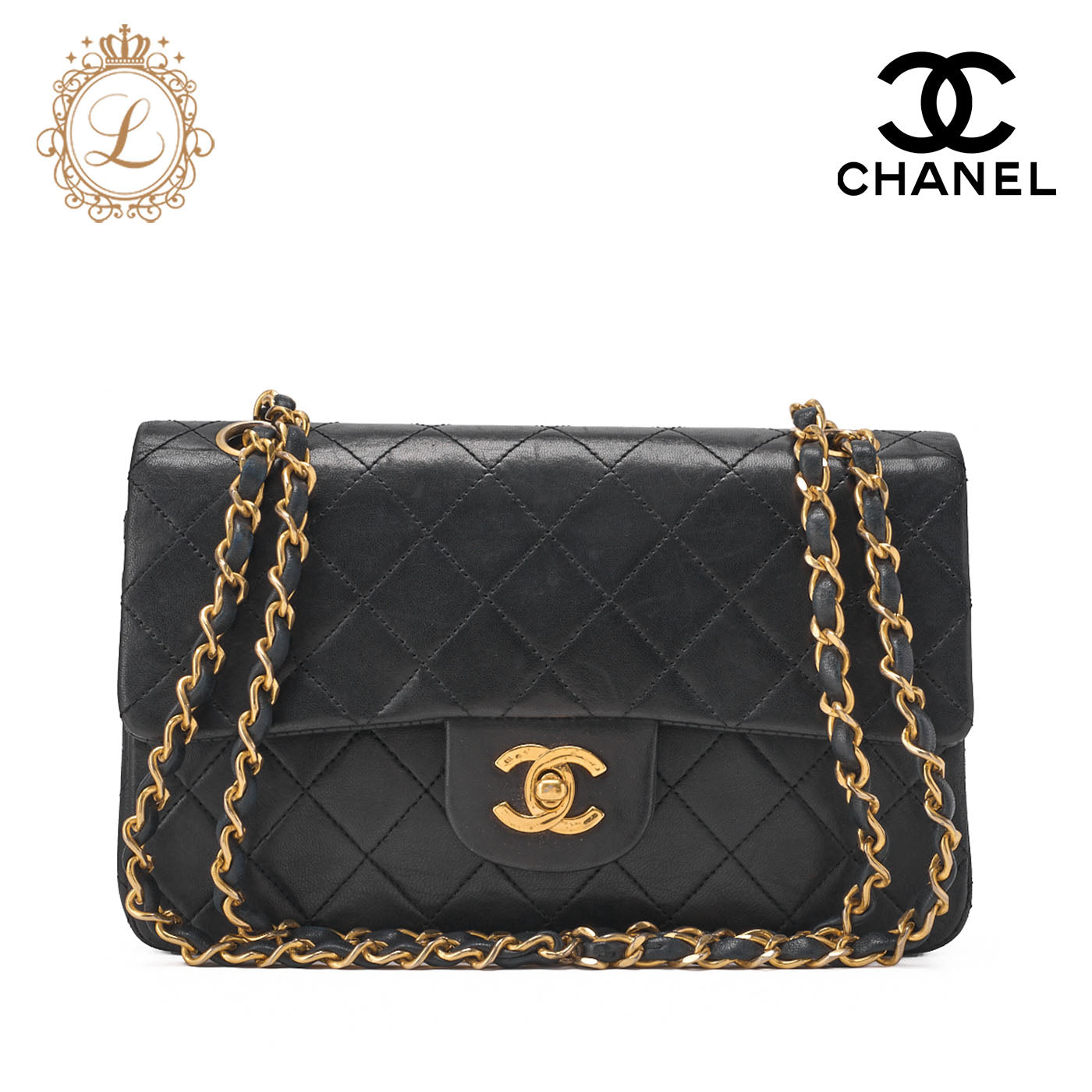 CHANEL Shoulder Bag Matelasse Double Flap Chain Lambskin Black Gold-Tone Hardware Pre-Owned - Vintage La Charme