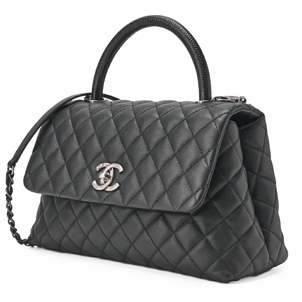Chanel Shoulder Bag Matelasse Coco Handle 2WAY Caviar Skin Black Silver-Tone Hardware Pre-Owned - Vintage La Charme