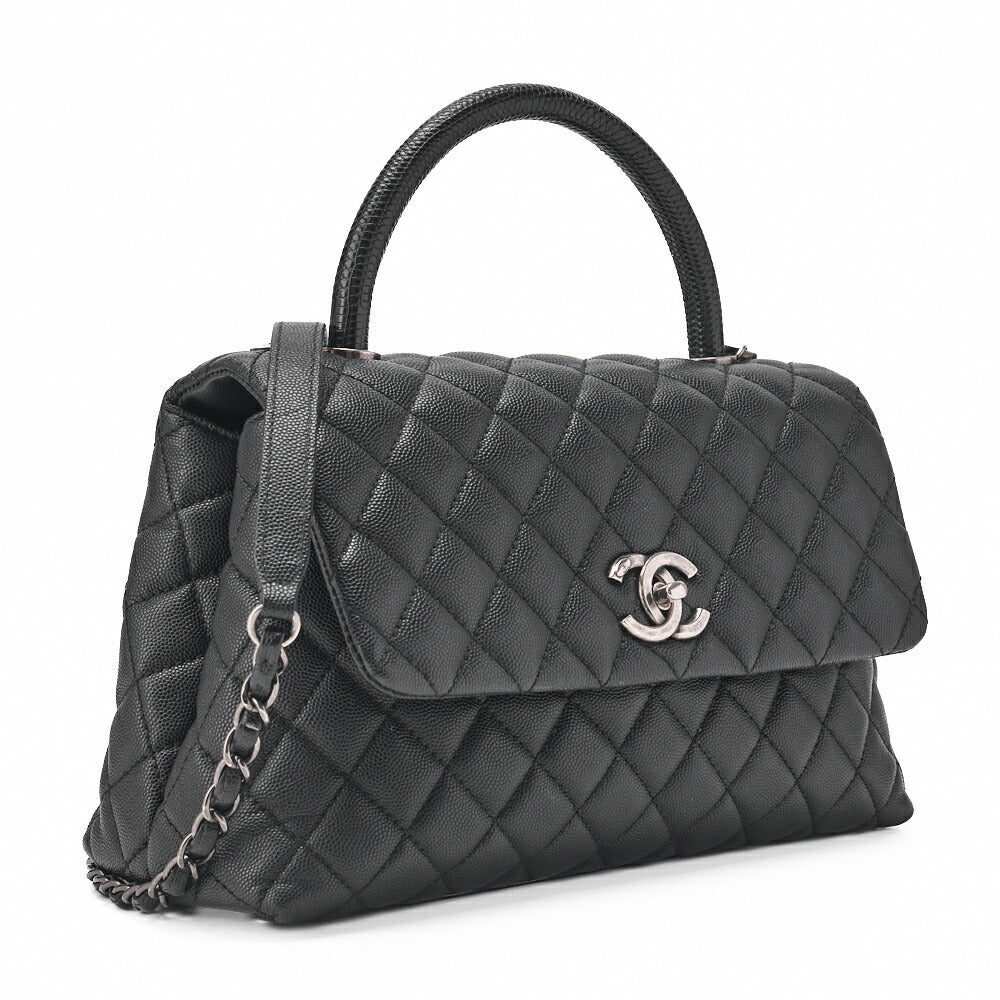 Chanel Shoulder Bag Matelasse Coco Handle 2WAY Caviar Skin Black Silver-Tone Hardware Pre-Owned - Vintage La Charme