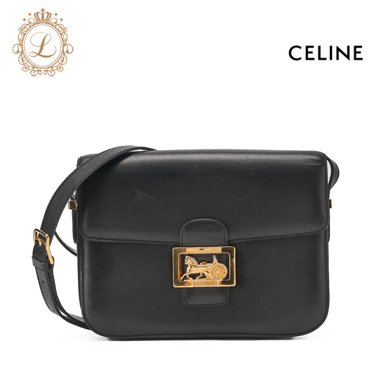 CELINE Shoulder Bag Carriage Calfskin Black Gold-Tone Hardware Pre-Owned - Vintage La Charme
