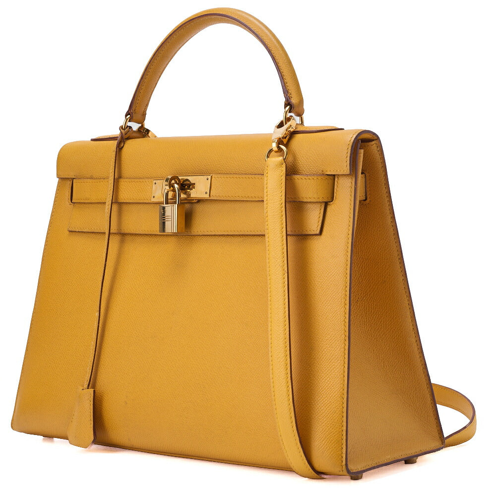 HERMES Kelly 32 Handbag, Kushbel Yellow, Gold-Tone Hardware, Pre-Owned - Vintage La Charme