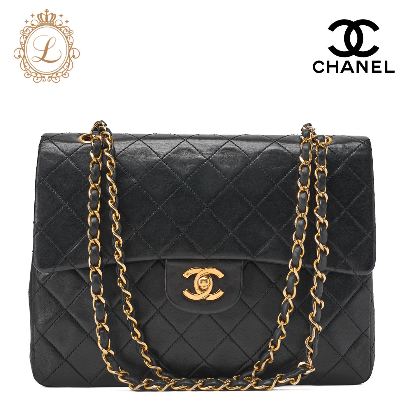 CHANEL Shoulder Bag Matelasse Double Flap Vertical Chain Lambskin Black Gold-Tone Hardware Pre-Owned - Vintage La Charme