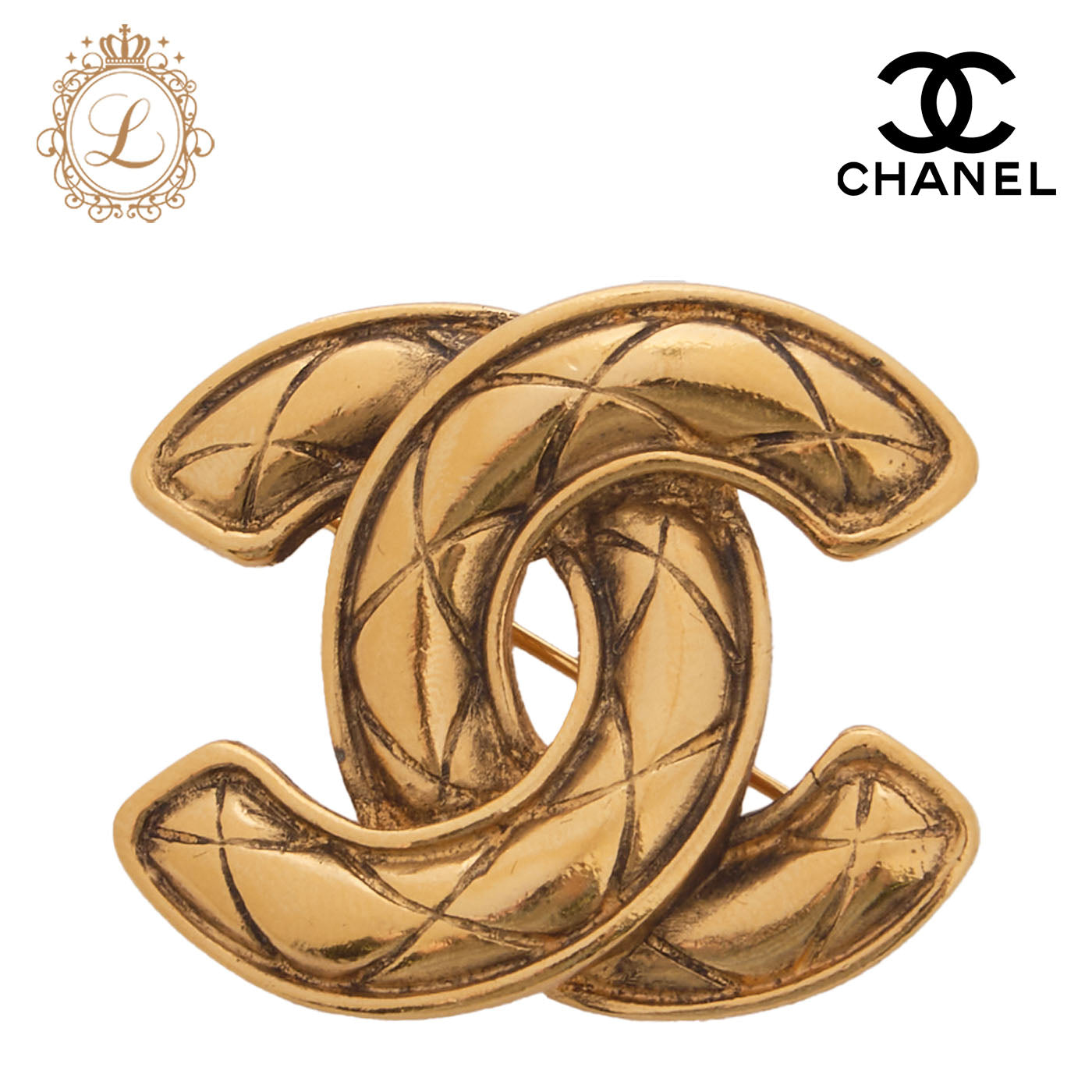 CHANEL Brooch, Coco Mark, Matelasse, Gold Plated, Gold, Gold-Tone Hardware, Pre-Owned - Vintage La Charme