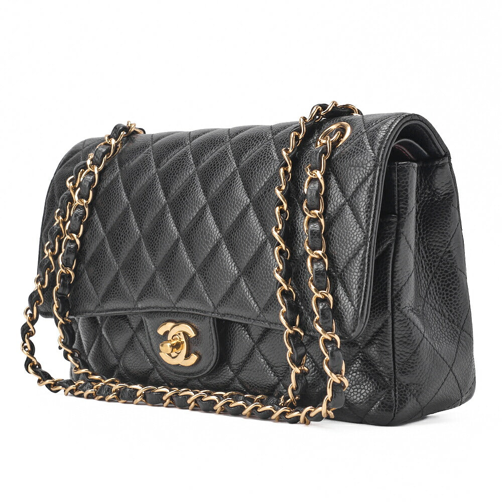 CHANEL Chain Shoulder Bag Matelasse Double Flap Caviar Skin Black Gold-Tone Hardware Pre-Owned - Vintage La Charme