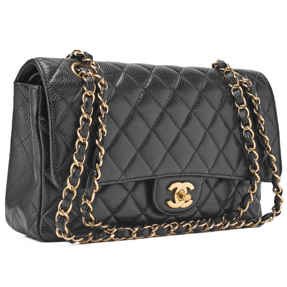 CHANEL Chain Shoulder Bag Matelasse Double Flap Caviar Skin Black Gold-Tone Hardware Pre-Owned - Vintage La Charme
