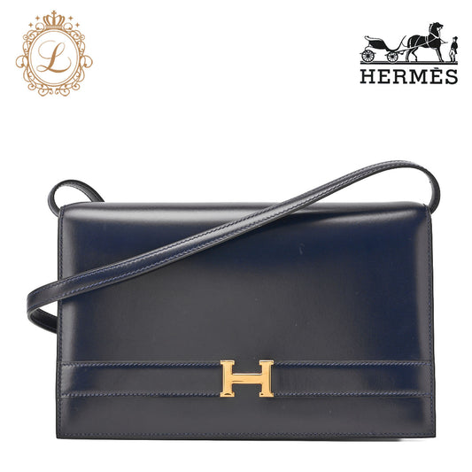 HERMES Shoulder Bag Annie Push Lock Box Calf Navy Gold-Tone Hardware Pre-Owned - Vintage La Charme