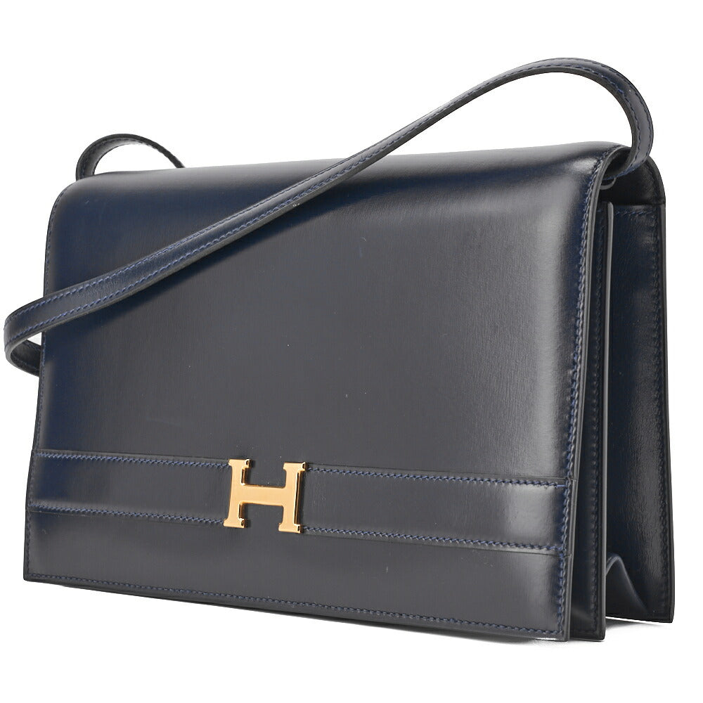 HERMES Shoulder Bag Annie Push Lock Box Calf Navy Gold-Tone Hardware Pre-Owned - Vintage La Charme
