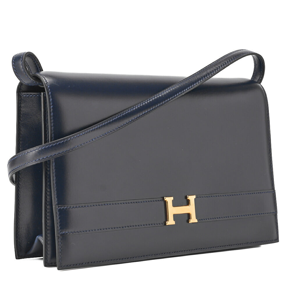 HERMES Shoulder Bag Annie Push Lock Box Calf Navy Gold-Tone Hardware Pre-Owned - Vintage La Charme
