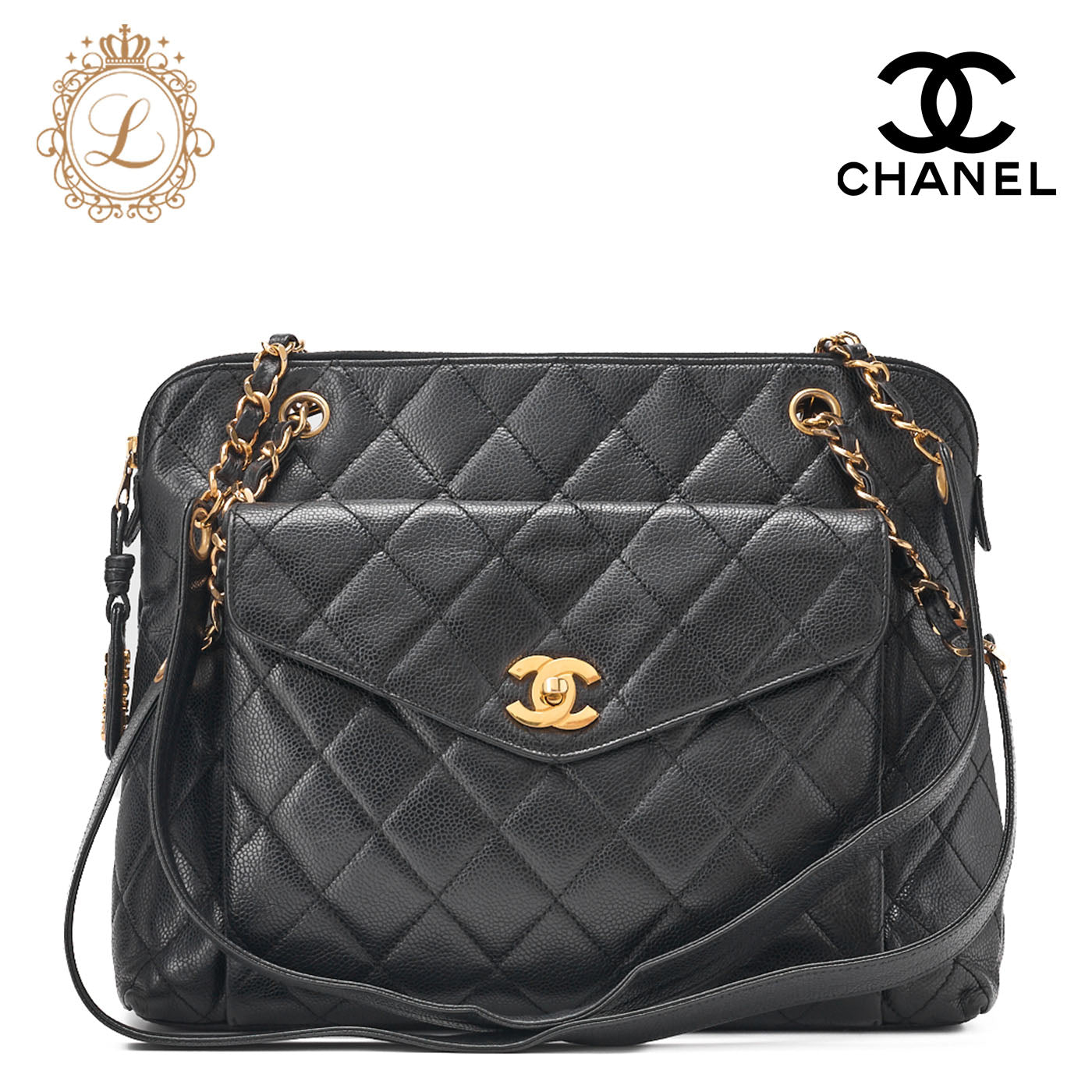 CHANEL Shoulder Bag, Matelasse Outside Flap, Caviar Skin, Black, Gold-Tone Hardware, Pre-Owned - Vintage La Charme