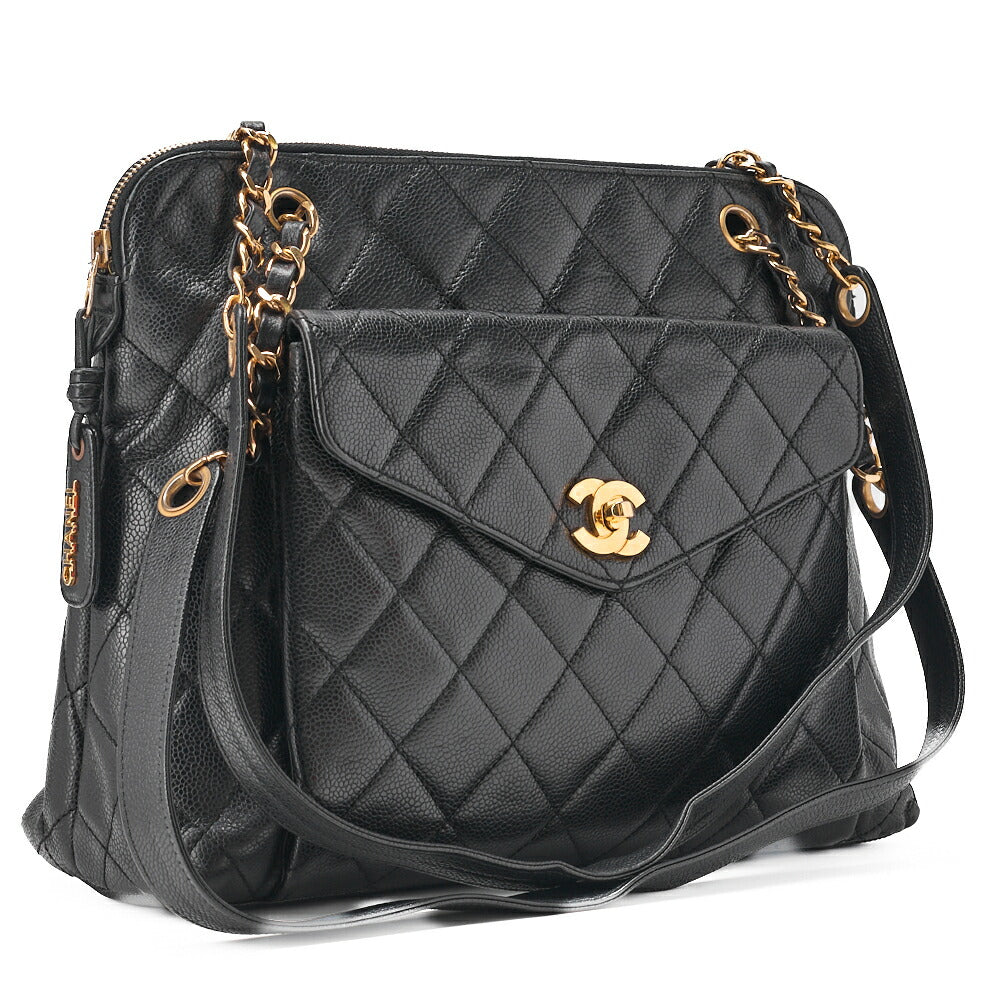 CHANEL Shoulder Bag, Matelasse Outside Flap, Caviar Skin, Black, Gold-Tone Hardware, Pre-Owned - Vintage La Charme