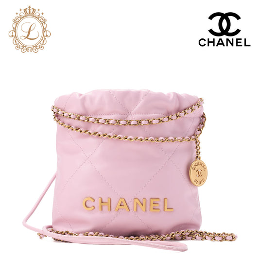 Chanel 22 Mini Drawstring Chain Shoulder Bag, Calfskin, Pink, Gold-Tone Hardware, Pre-Owned - Vintage La Charme