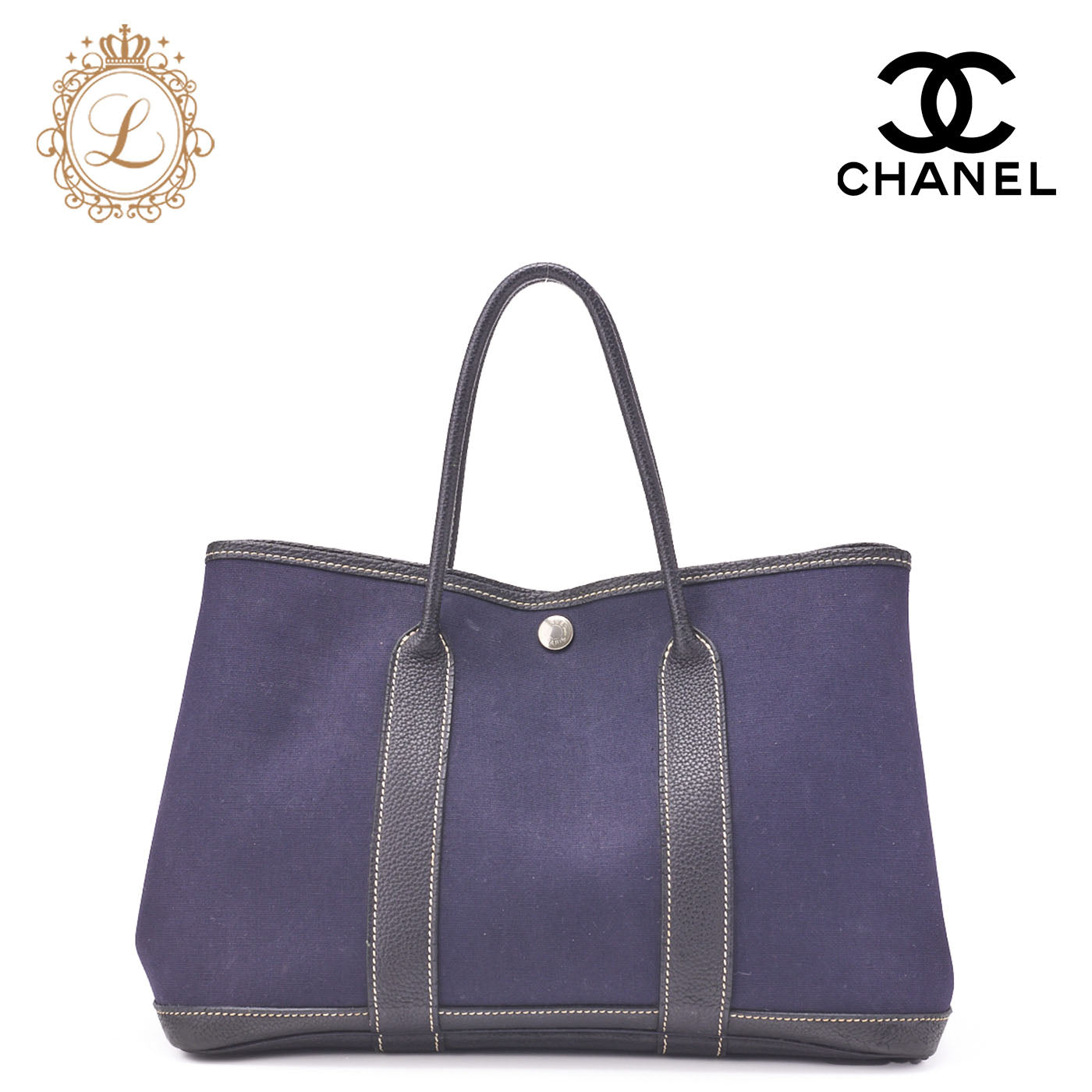 HERMES Shoulder Bag Garden Party TPM Toile Ash Navy Silver-Tone Hardware Pre-Owned - Vintage La Charme