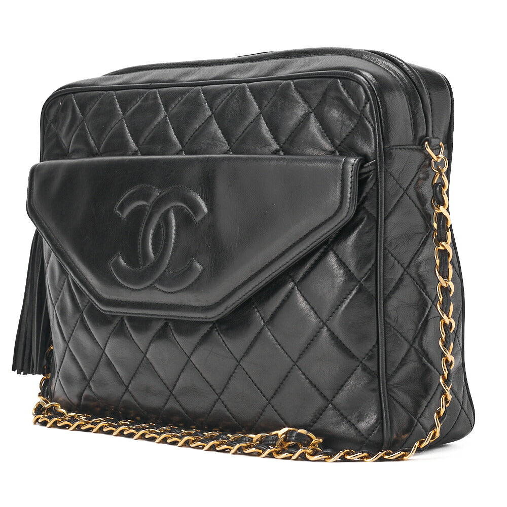 CHANEL Shoulder Bag, Matelasse Outside Flap Fringe Chain Shoulder, Lambskin, Black, Gold-Tone Hardware, Pre-Owned - Vintage La Charme