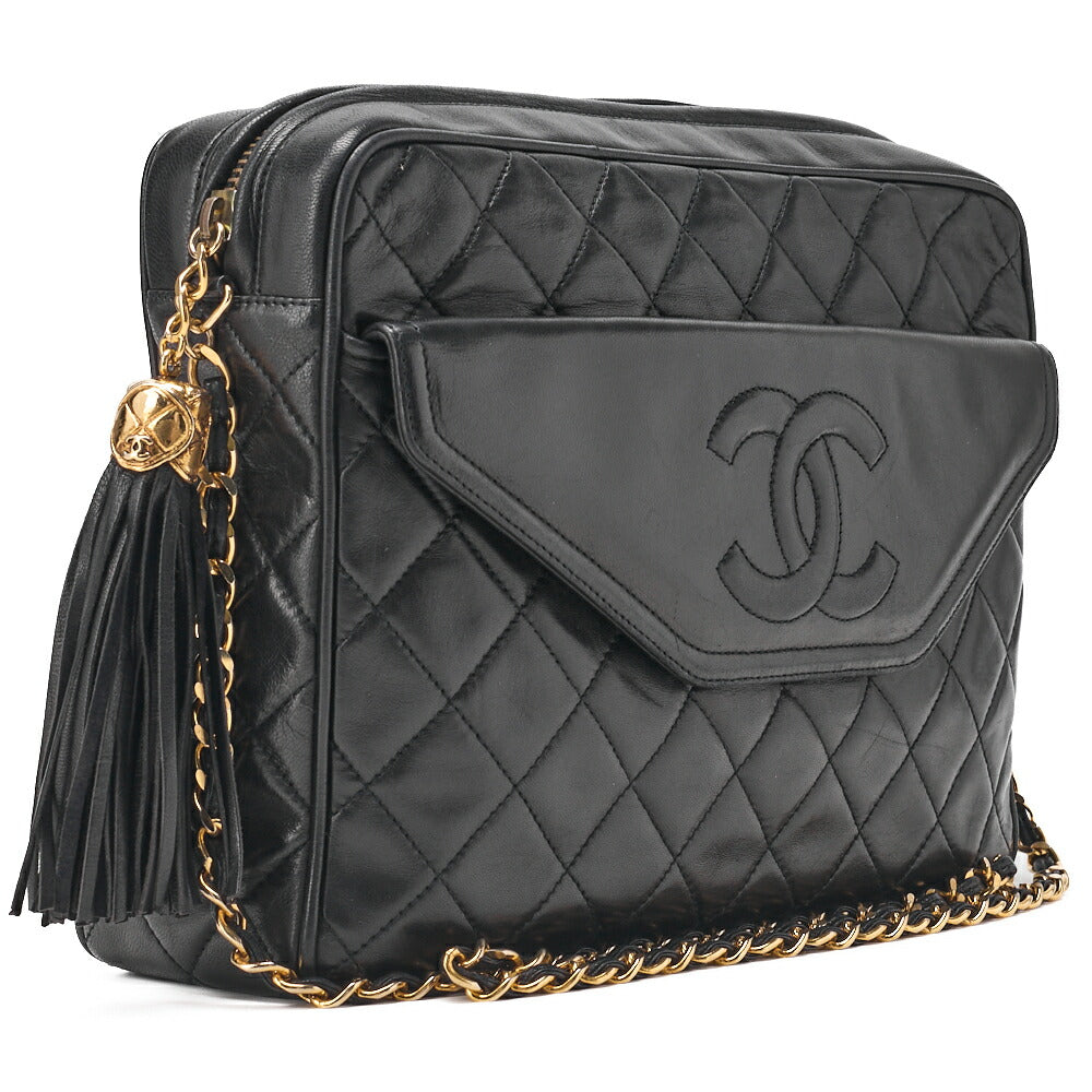 CHANEL Shoulder Bag, Matelasse Outside Flap Fringe Chain Shoulder, Lambskin, Black, Gold-Tone Hardware, Pre-Owned - Vintage La Charme