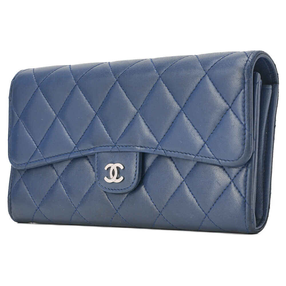 CHANEL Bi-Fold Long Wallet Matelasse Lambskin Blue Silver-Tone Hardware Pre-Owned - Vintage La Charme