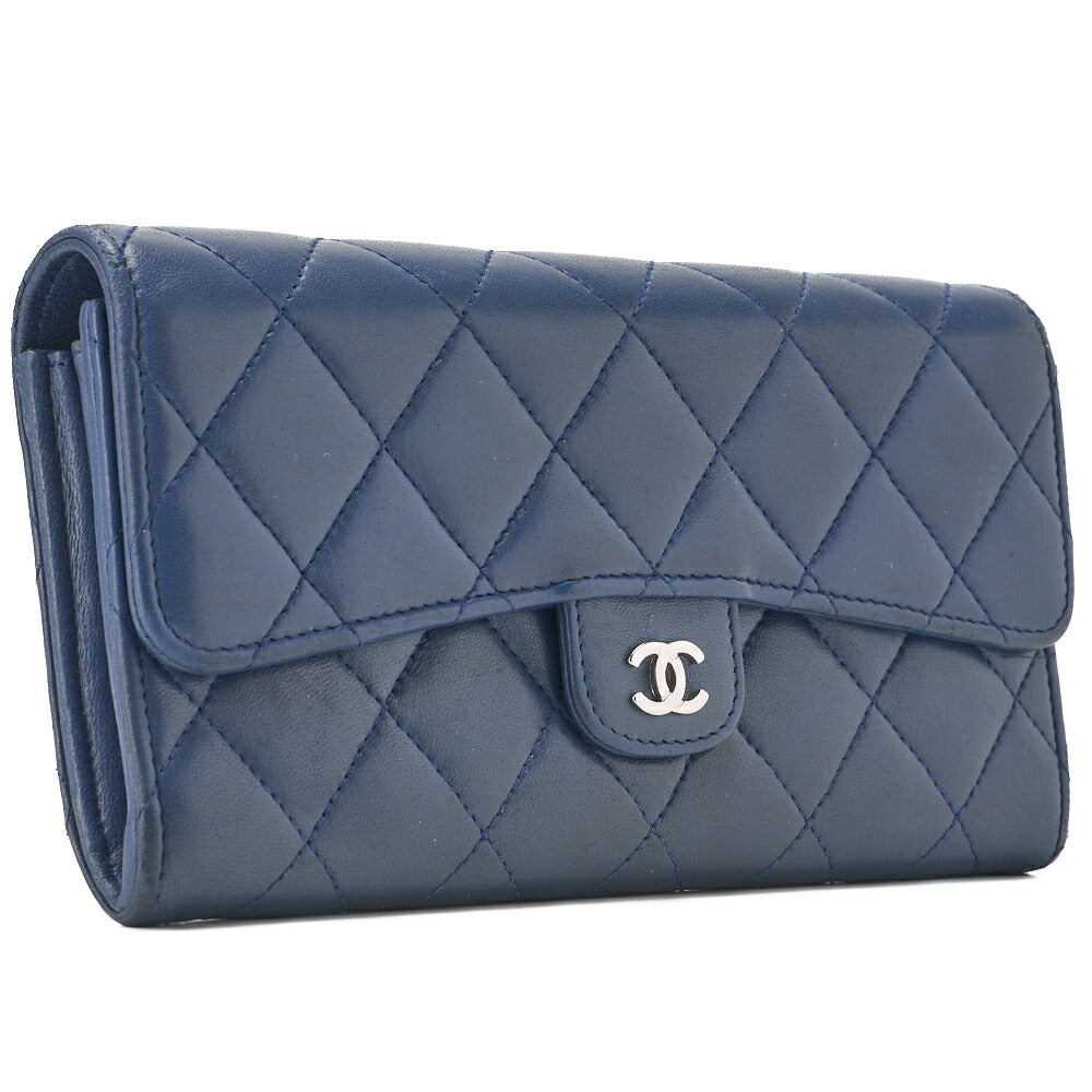 CHANEL Bi-Fold Long Wallet Matelasse Lambskin Blue Silver-Tone Hardware Pre-Owned - Vintage La Charme