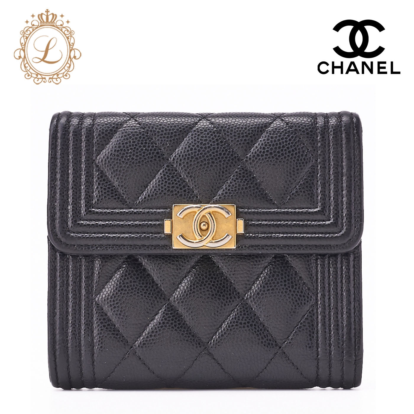 CHANEL Boy Chanel Matelasse Tri-Fold Compact Wallet Caviar Skin Black Gold-Tone Hardware Pre-Owned - Vintage La Charme