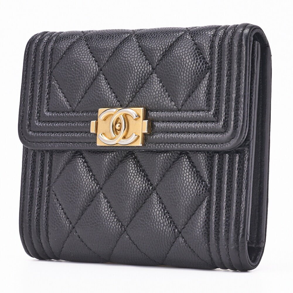 CHANEL Boy Chanel Matelasse Tri-Fold Compact Wallet Caviar Skin Black Gold-Tone Hardware Pre-Owned - Vintage La Charme