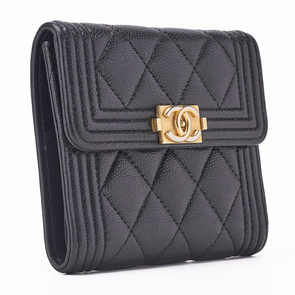 CHANEL Boy Chanel Matelasse Tri-Fold Compact Wallet Caviar Skin Black Gold-Tone Hardware Pre-Owned - Vintage La Charme
