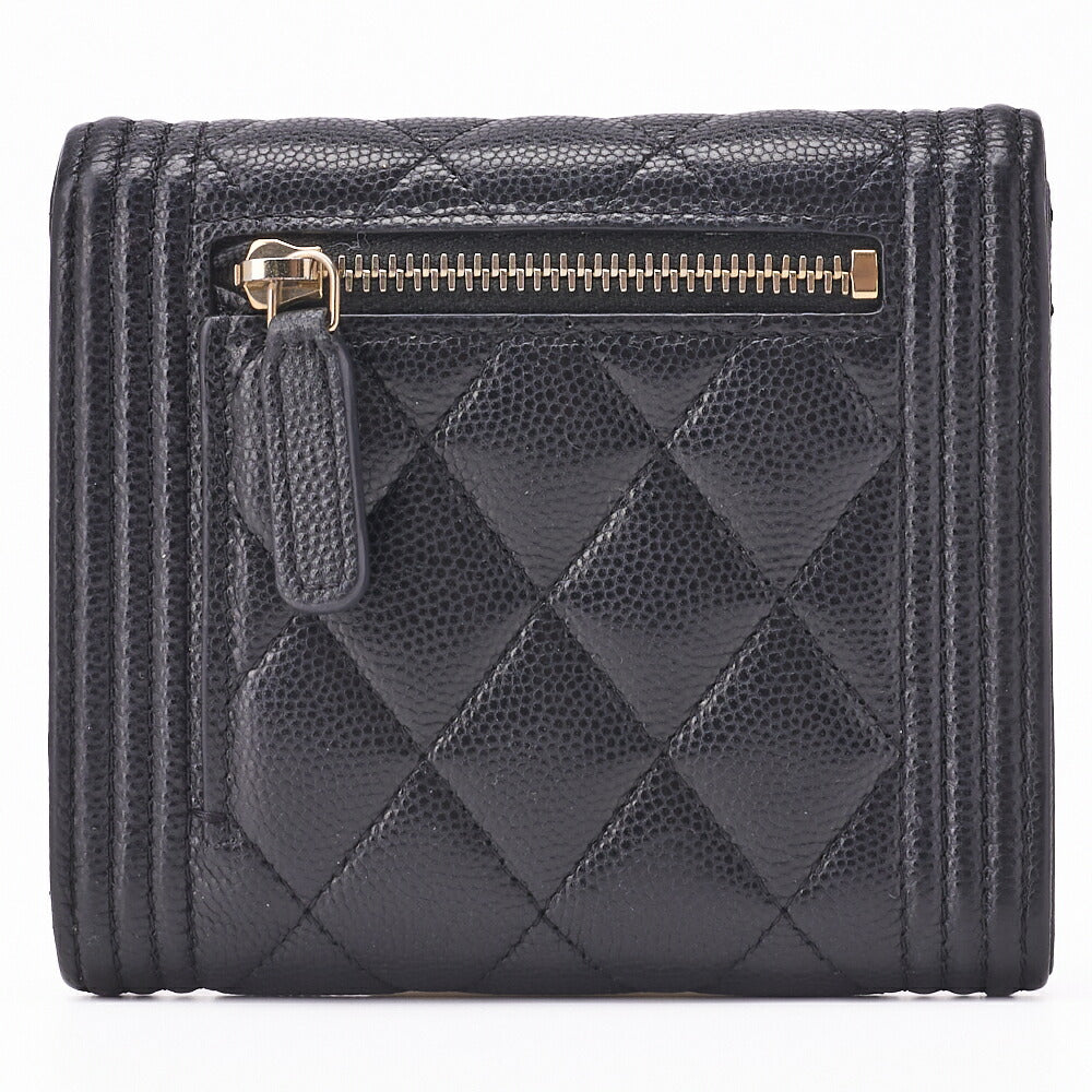 CHANEL Boy Chanel Matelasse Tri-Fold Compact Wallet Caviar Skin Black Gold-Tone Hardware Pre-Owned - Vintage La Charme