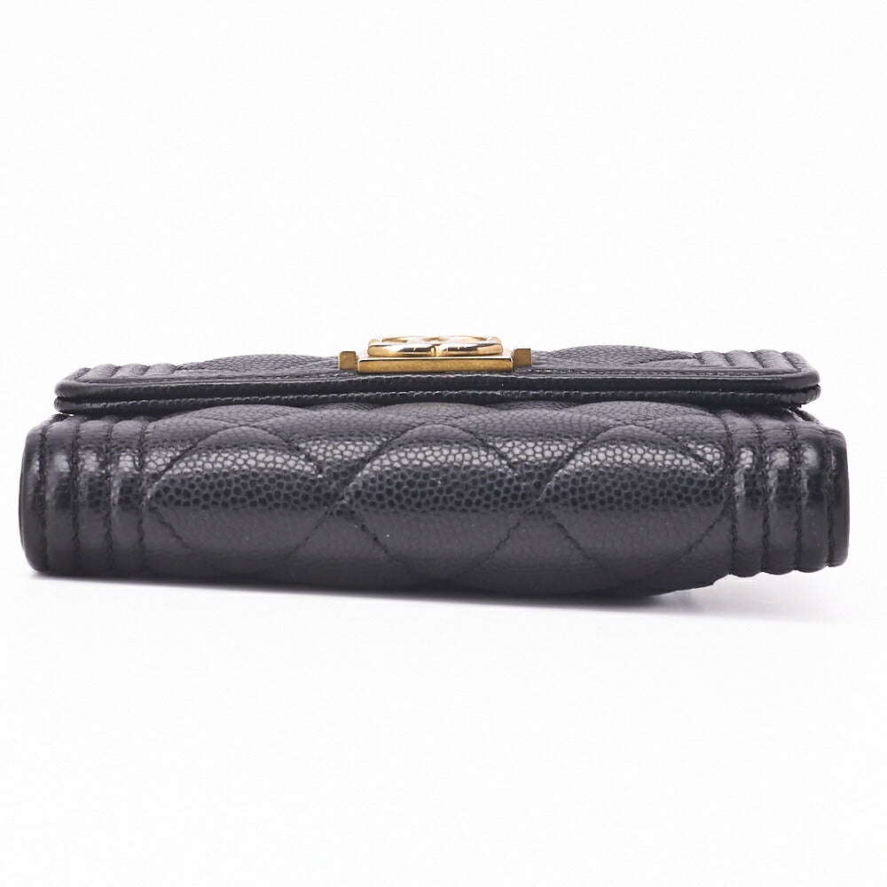CHANEL Boy Chanel Matelasse Tri-Fold Compact Wallet Caviar Skin Black Gold-Tone Hardware Pre-Owned - Vintage La Charme