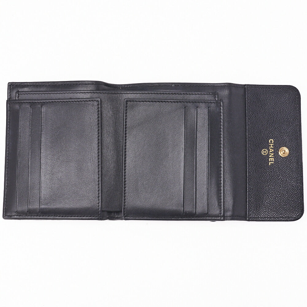CHANEL Boy Chanel Matelasse Tri-Fold Compact Wallet Caviar Skin Black Gold-Tone Hardware Pre-Owned - Vintage La Charme