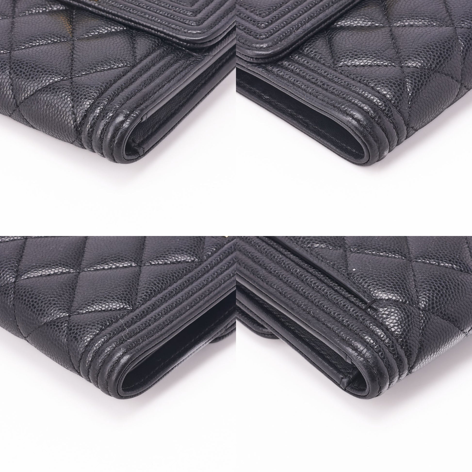 CHANEL Boy Chanel Matelasse Tri-Fold Compact Wallet Caviar Skin Black Gold-Tone Hardware Pre-Owned - Vintage La Charme