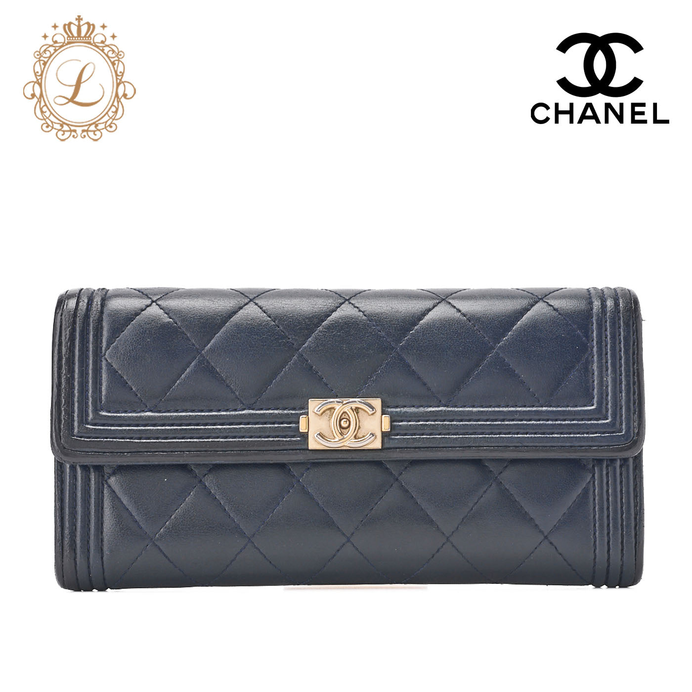 Chanel Boy Chanel V-Stitch Round Long Wallet Caviar Skin Navy Gold-Tone Hardware Pre-Owned - Vintage La Charme