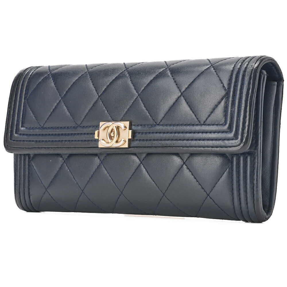 Chanel Boy Chanel V-Stitch Round Long Wallet Caviar Skin Navy Gold-Tone Hardware Pre-Owned - Vintage La Charme