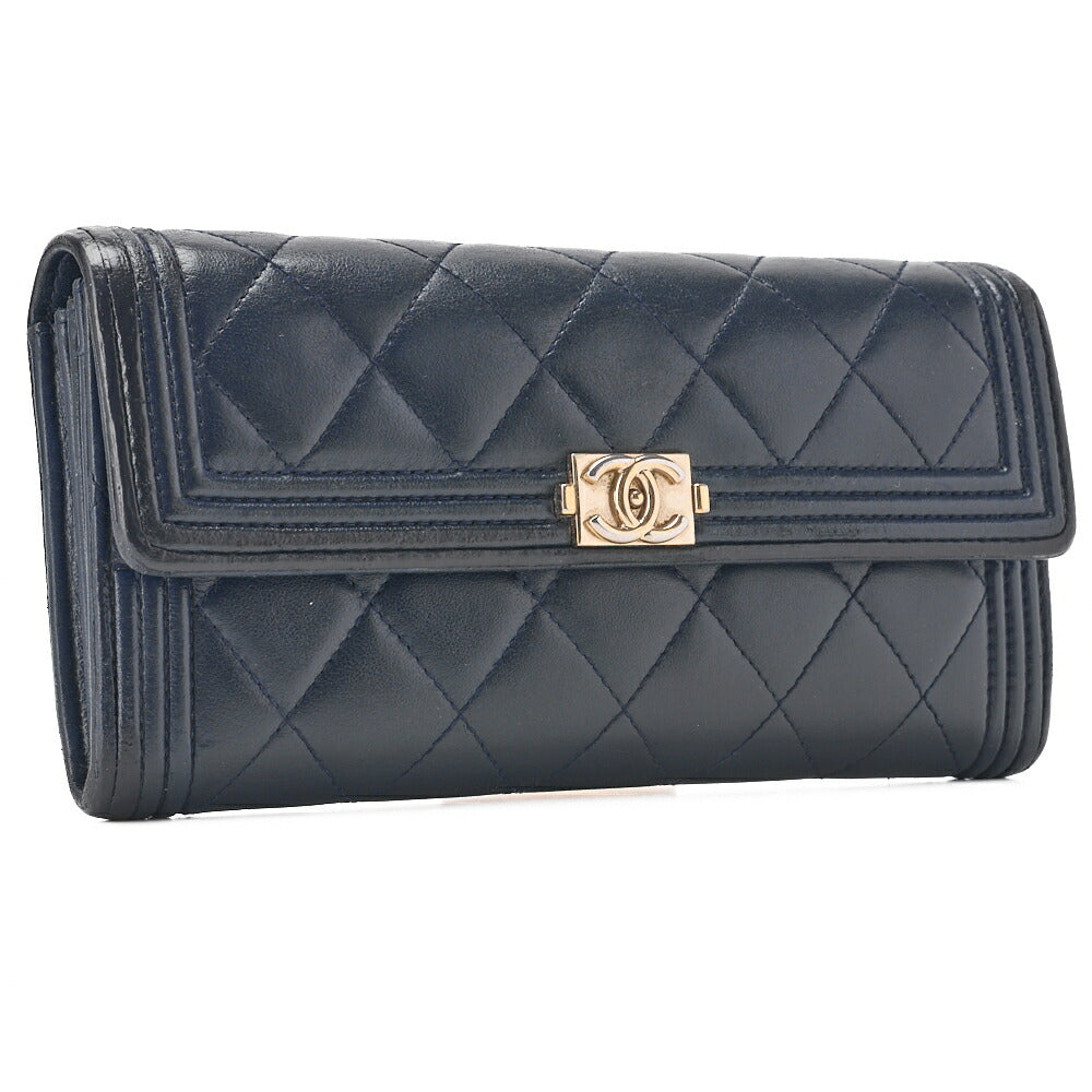 Chanel Boy Chanel V-Stitch Round Long Wallet Caviar Skin Navy Gold-Tone Hardware Pre-Owned - Vintage La Charme