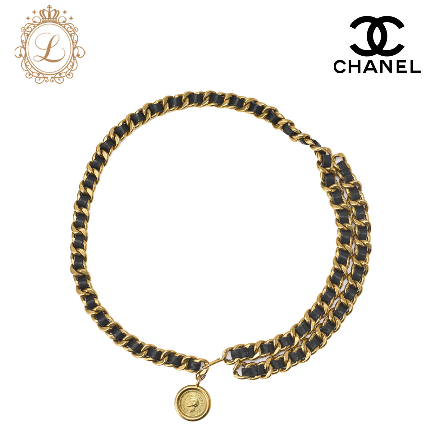 Chanel Chain Belt, Coco Mark, Gold Plated Leather, Black, Gold-Tone Hardware, Pre-Owned - Vintage La Charme