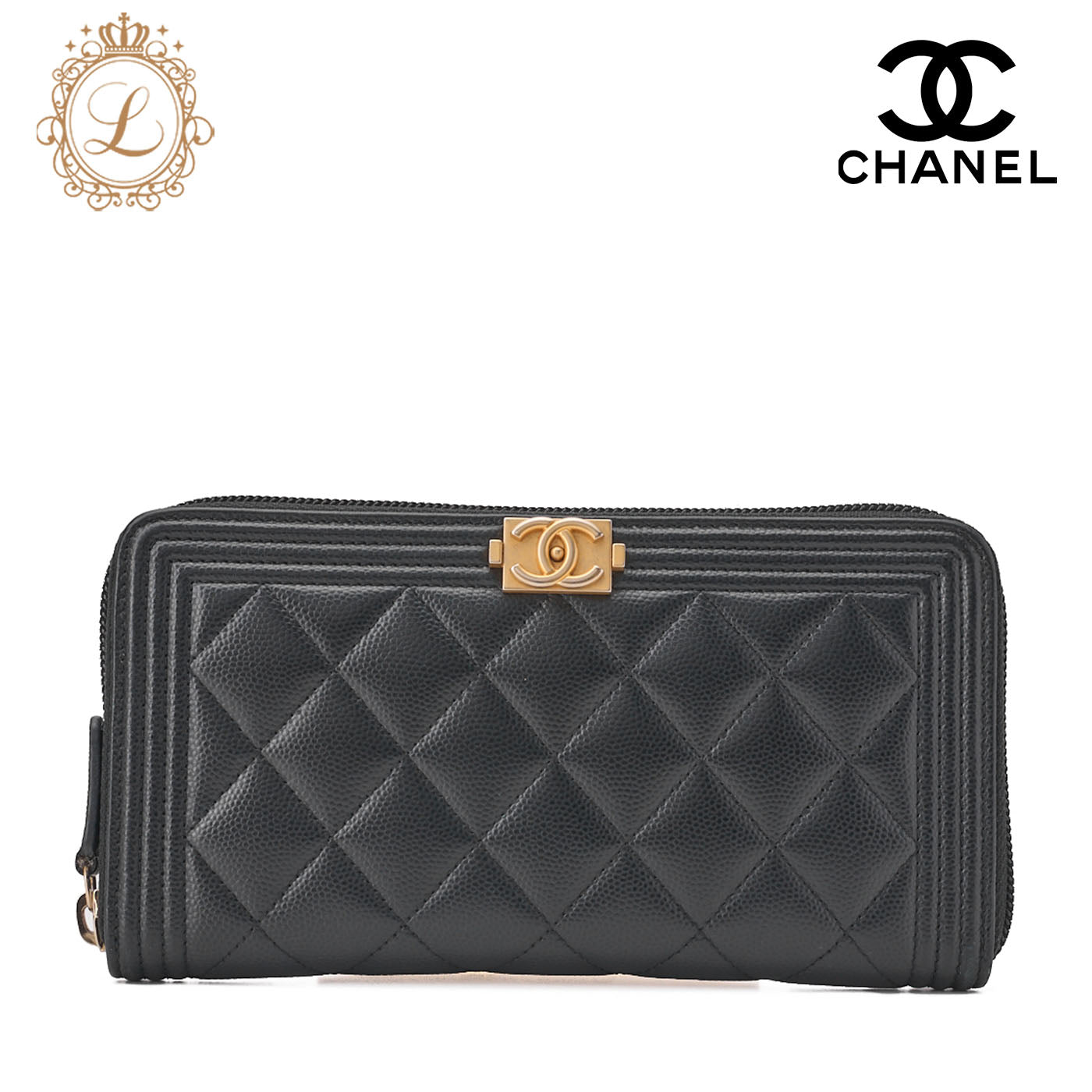 CHANEL Boy Chanel Matelasse Round Long Wallet Caviar Skin Black Gold-Tone Hardware Pre-Owned - Vintage La Charme