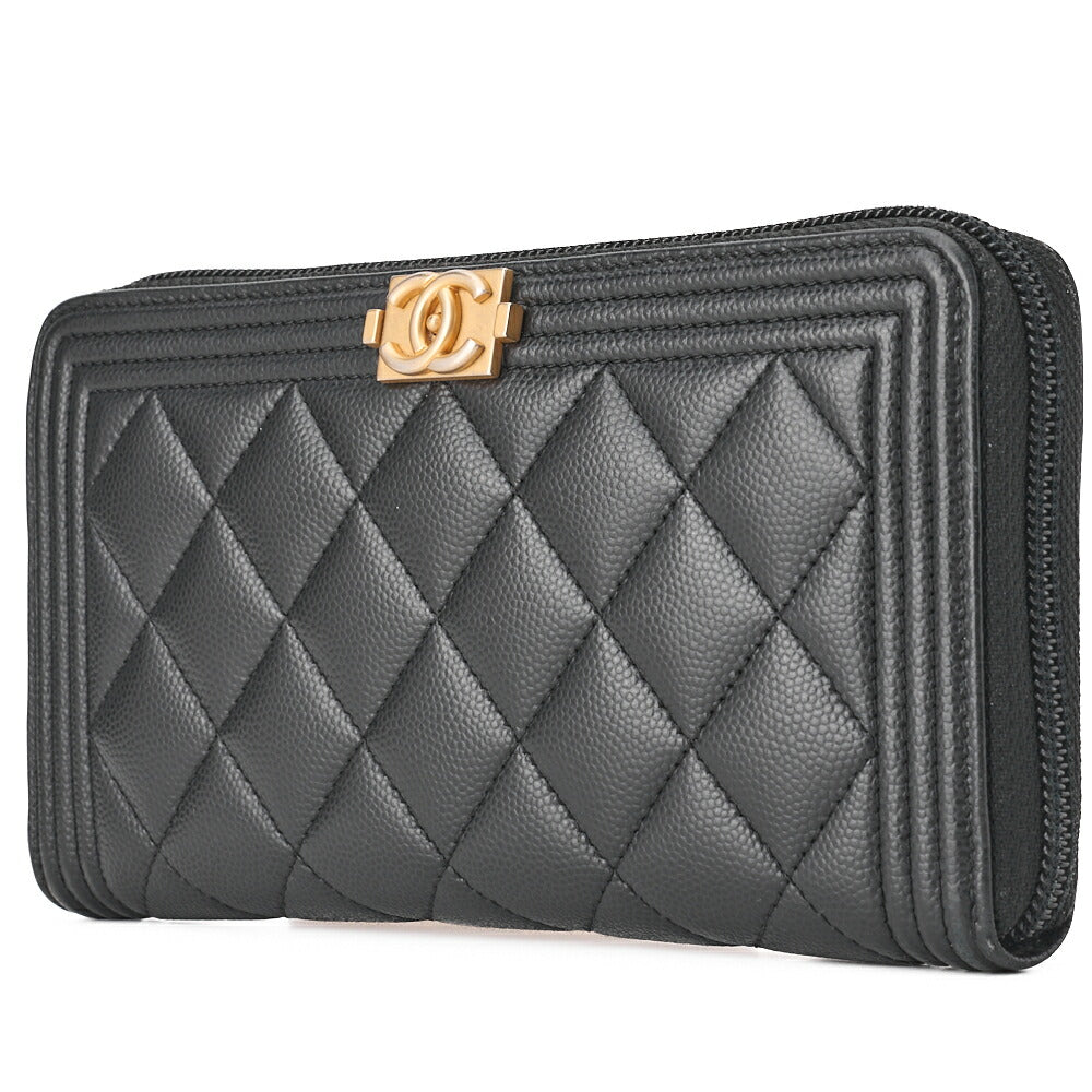 CHANEL Boy Chanel Matelasse Round Long Wallet Caviar Skin Black Gold-Tone Hardware Pre-Owned - Vintage La Charme