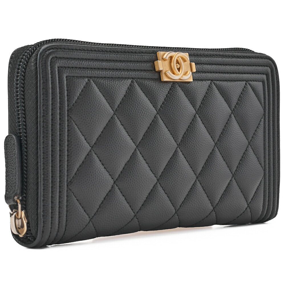 CHANEL Boy Chanel Matelasse Round Long Wallet Caviar Skin Black Gold-Tone Hardware Pre-Owned - Vintage La Charme