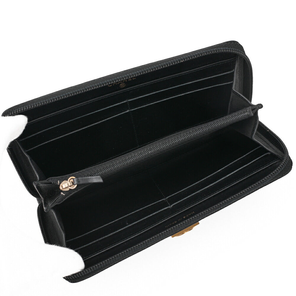 CHANEL Boy Chanel Matelasse Round Long Wallet Caviar Skin Black Gold-Tone Hardware Pre-Owned - Vintage La Charme