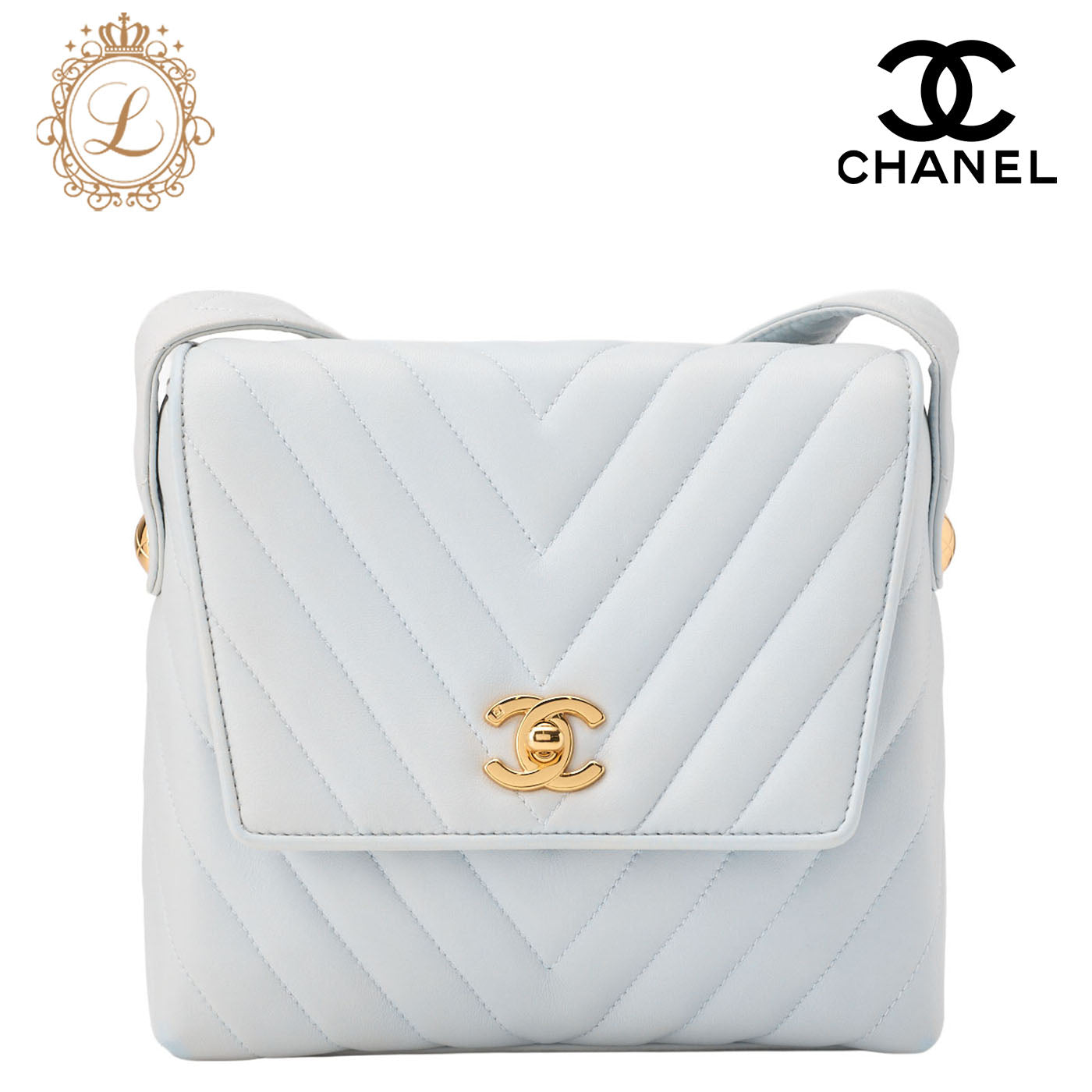 CHANEL Shoulder Bag V-Stitch Coco Mark Lambskin Light Blue Gold-Tone Hardware Pre-Owned - Vintage La Charme