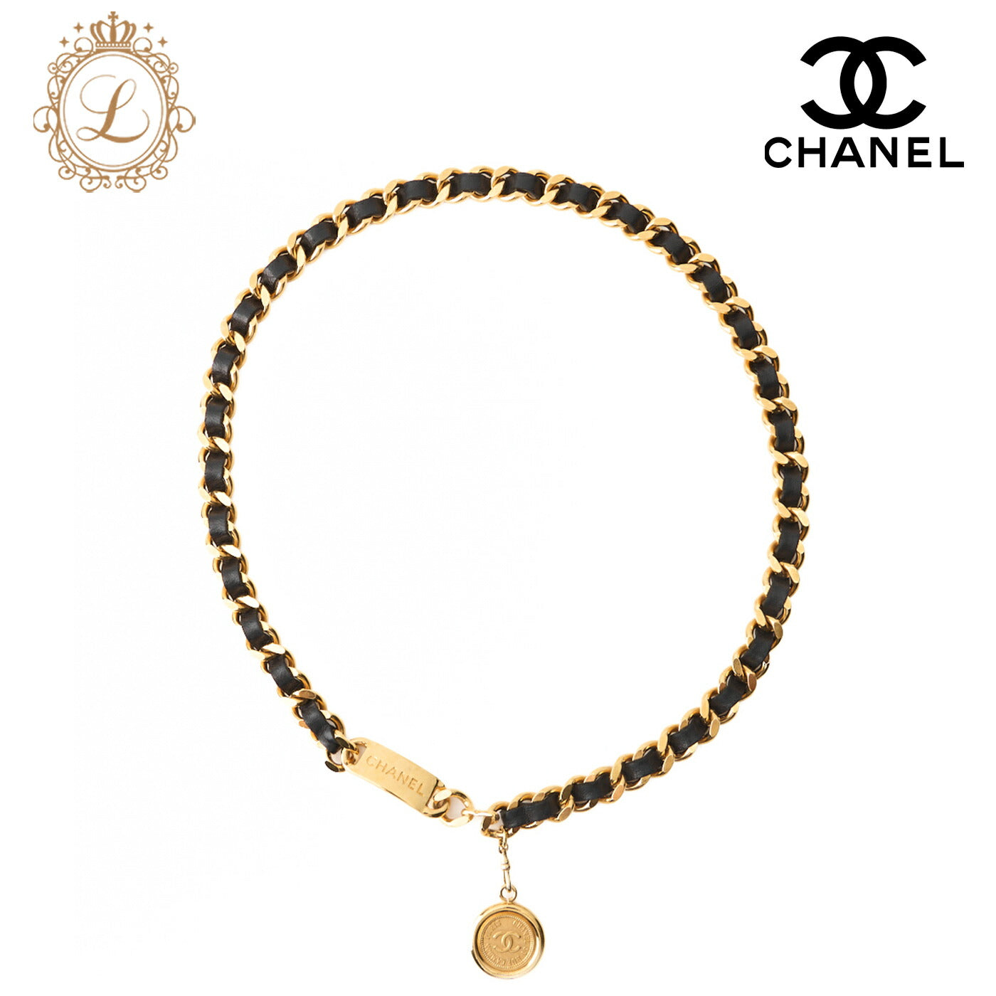 CHANEL Chain Belt, Coco Mark Medallion Charm, GP Leather, Black, Gold-Tone Hardware, Pre-Owned - Vintage La Charme