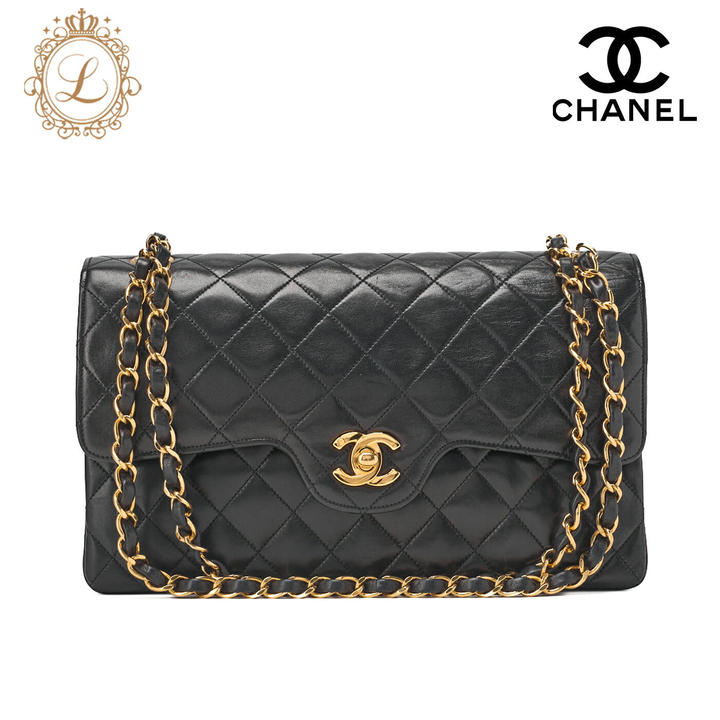 CHANEL Shoulder Bag, Matelasse Wave Flap Double Flap, Lambskin, Black, Gold-Tone Hardware, Pre-Owned - Vintage La Charme