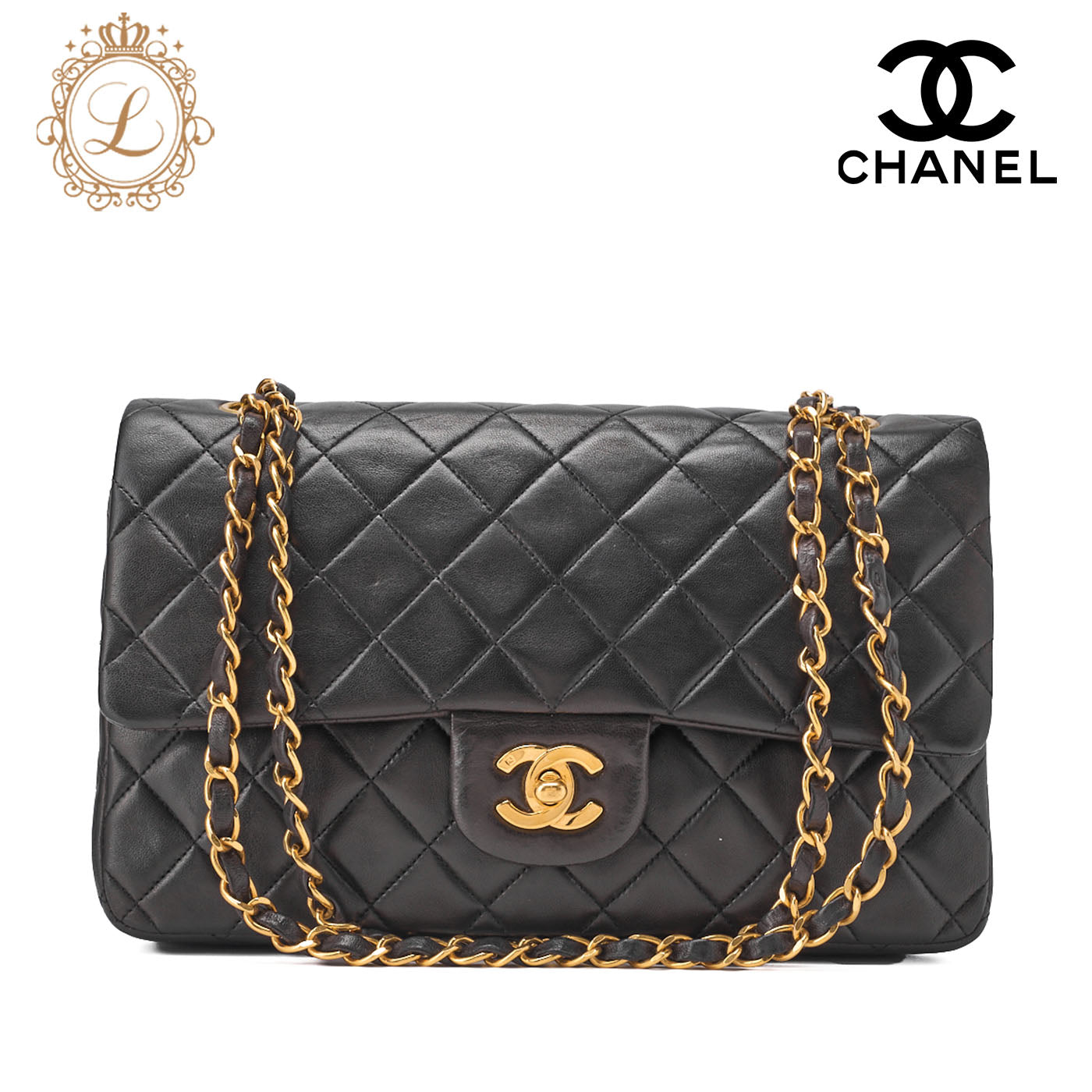 CHANEL Shoulder Bag Matelasse Double Flap Lambskin Black Gold-Tone Hardware Pre-Owned - Vintage La Charme