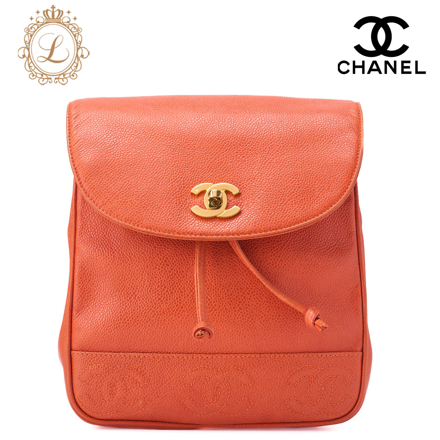 CHANEL Chain Backpack Bag Triple Coco Turn Lock Caviar Skin Orange Gold-Tone Hardware Pre-Owned - Vintage La Charme