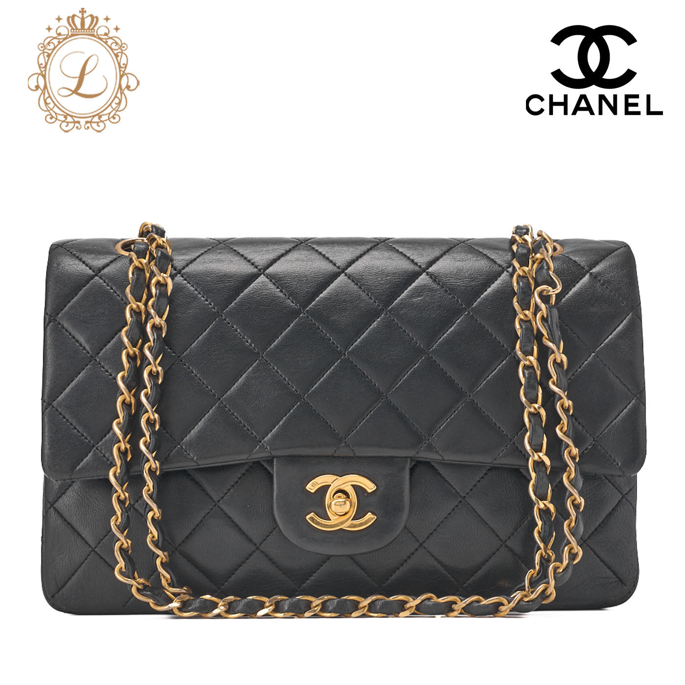 CHANEL Shoulder Bag Matlasse Double Flap 25cm Chain Shoulder Lambskin Black Gold-Tone Hardware, Pre-Owned