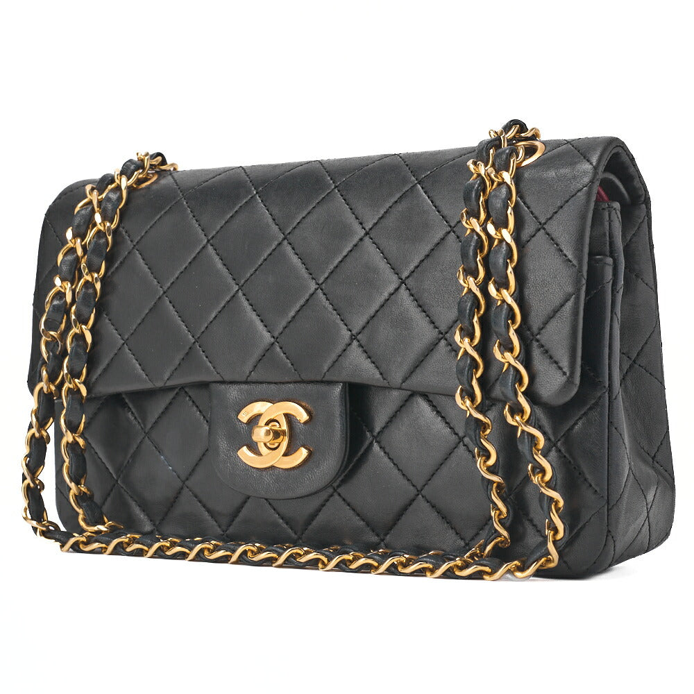 CHANEL Chain Shoulder Bag Matlasse Double Flap 23cm Lambskin Black Gold-Tone Hardware, Pre-Owned