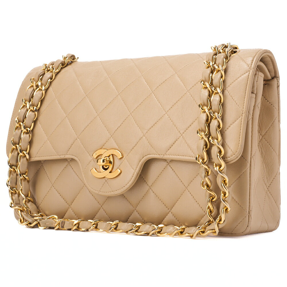 CHANEL Chain Shoulder Bag Matlasse Double Flap 23cm Lambskin Beige Gold-Tone Hardware, Pre-Owned