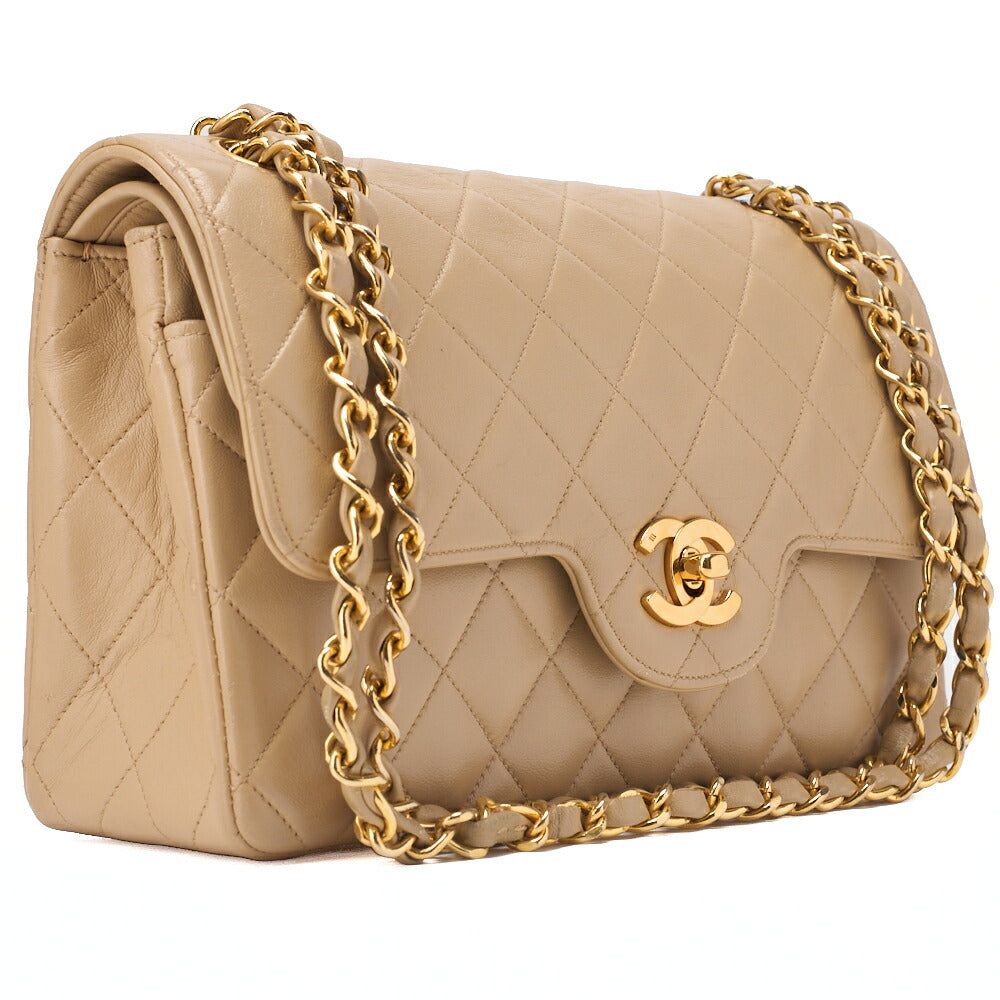 CHANEL Chain Shoulder Bag Matlasse Double Flap 23cm Lambskin Beige Gold-Tone Hardware, Pre-Owned